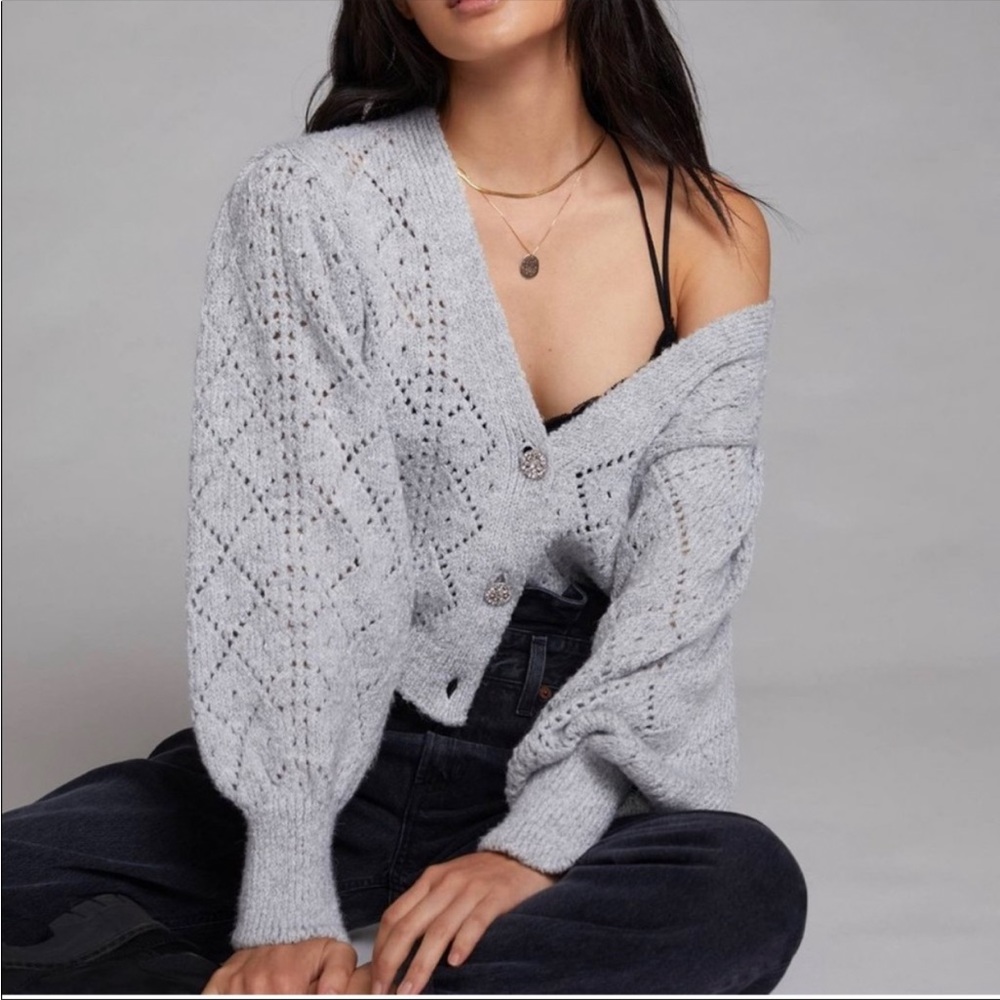 Anthropologie Pointelle Cardigan Maeve Grey Cropped Sweater NWOT